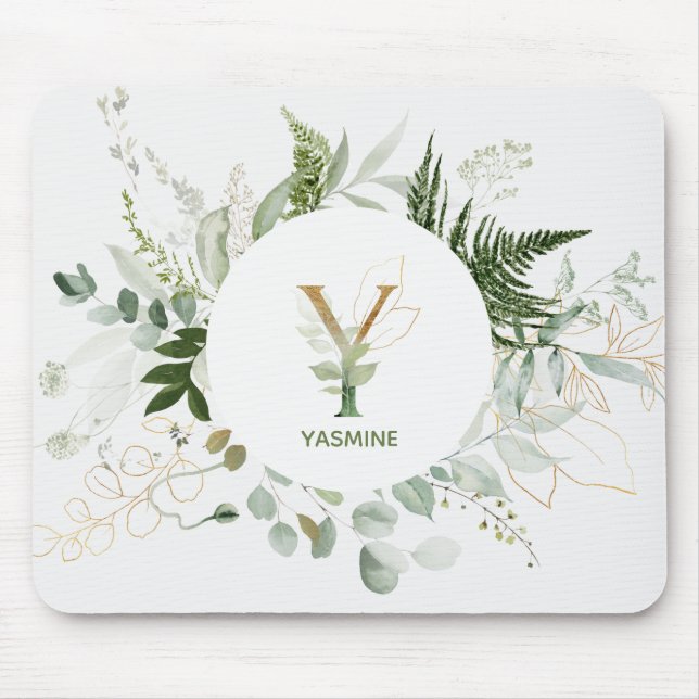 Tapis De Souris Élégant Monogramme Y vert Wreath Mouse Pad (Devant)