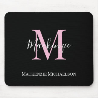 Tapis De Souris Élégant Noir Rose Personnalisé Nom Monogramme