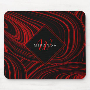 Tapis De Souris Élégant Noir Rouge Monogrammé Motif Abstrait