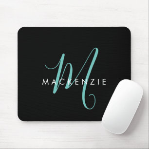 Tapis De Souris Élégant Noir Turquoise Script Monogramme moderne