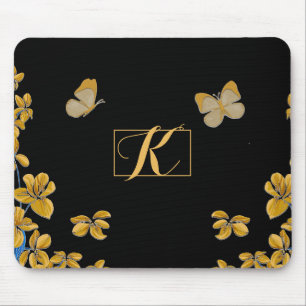 Tapis De Souris Élégant Papillons Or & Fleurs Monogramme