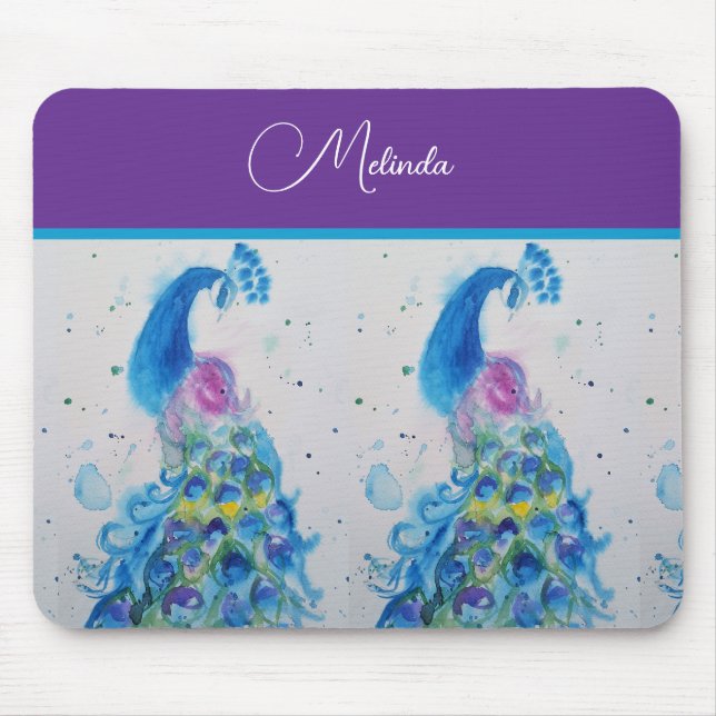 Tapis De Souris Elégant Peacock Aquarelle Peinture Bleue (Devant)