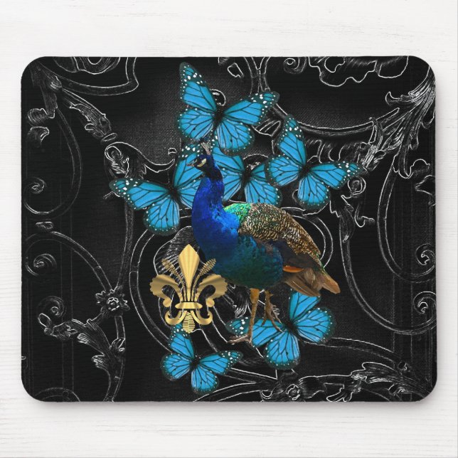 Tapis De Souris Elégant Peacock et papillons bleus sur noir (Devant)