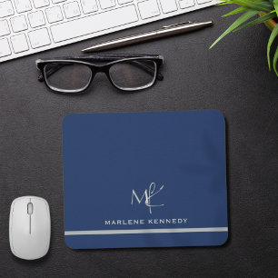 Tapis De Souris Elégant Personnalisé Monogramme d'argent bleu mari
