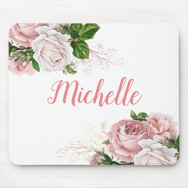 Tapis De Souris Élégant rose rose floral blanc (Devant)