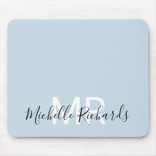 Tapis De Souris Élégant script de monogramme bleu pastel moderne (Devant)