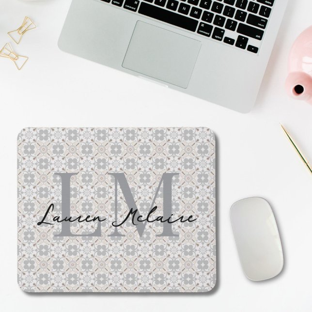 Tapis De Souris Elegant Spanish Tile Monogram Script Name  (mousepad with elegant spanish tile design and custom monogram and script name personalization)