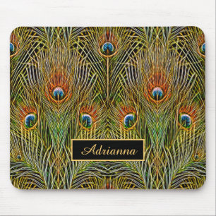 Tapis De Souris Élégant Stylish Or Peacock Feathers Avec Nom