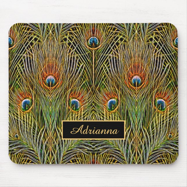 Tapis De Souris Élégant Stylish Or Peacock Feathers Avec Nom (Devant)