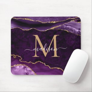 Tapis De Souris Élégant violet or étincelant Agate Géode Monogramm