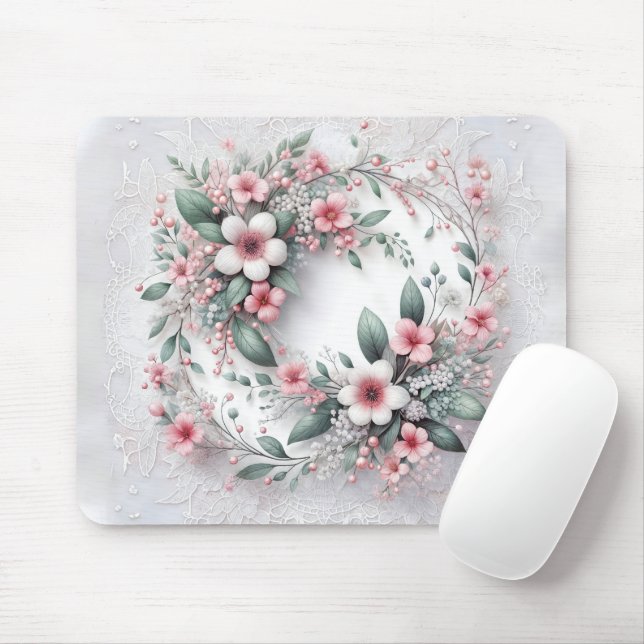 Tapis De Souris Élégante Couronne Florale Sur Dentelle Bridale Bla (Avec souris)