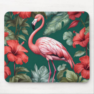 Tapis De Souris Elégante Flamant rose Hibiscus Fleurs Emerald Gree