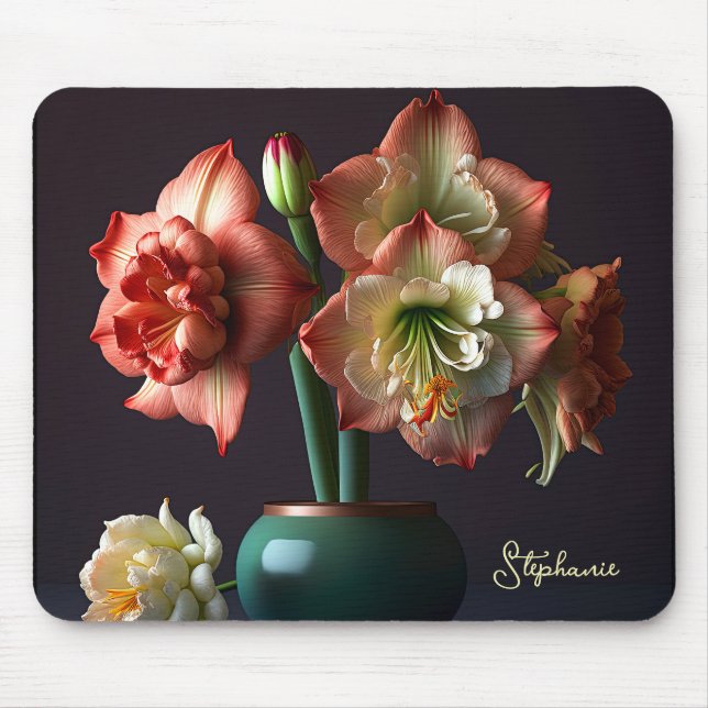 Tapis De Souris Élégante Fleur d'Amaryllis Blanc Orange (Devant)