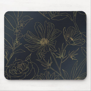 Tapis De Souris Élégante Fleurs d'or Bleu Botanique