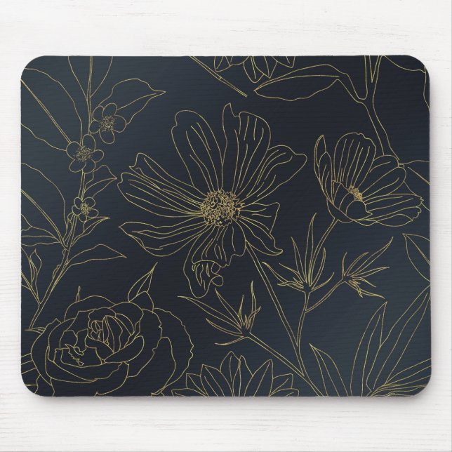 Tapis De Souris Élégante Fleurs d'or Bleu Botanique (Devant)