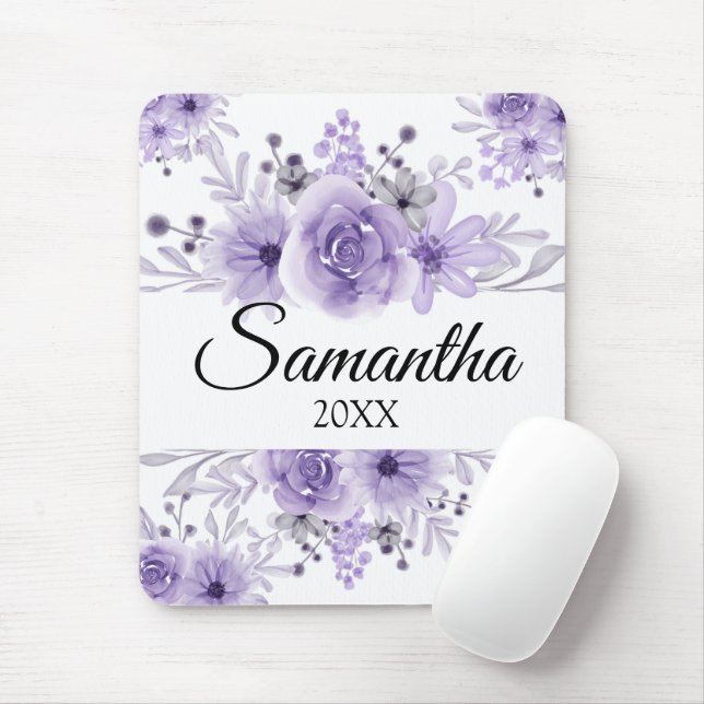 Tapis De Souris Elégante Lavande Purple Floral Aquarelle (Avec souris)