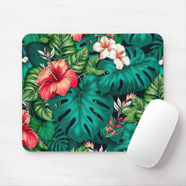 Tapis De Souris Élégants Feuilles tropicaux et fleurs d'Hibiscus | (Avec souris)