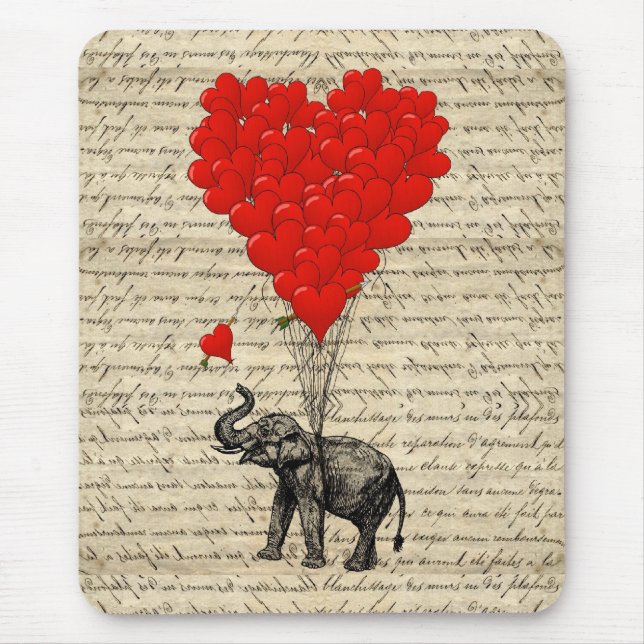Tapis De Souris Éléphant et ballons en forme de coeur (Devant)