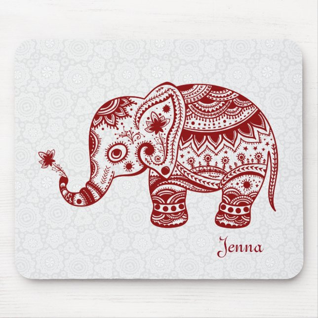 Tapis De Souris Eléphant Floral Cute En Rouge Bourgogne (Devant)