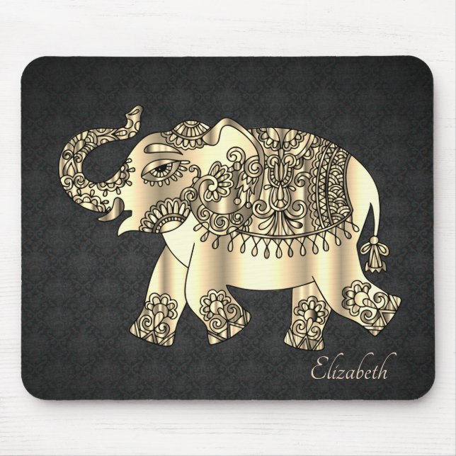 Tapis De Souris Eléphant Floral Paisley Or, Damas - Personnalisé (Devant)