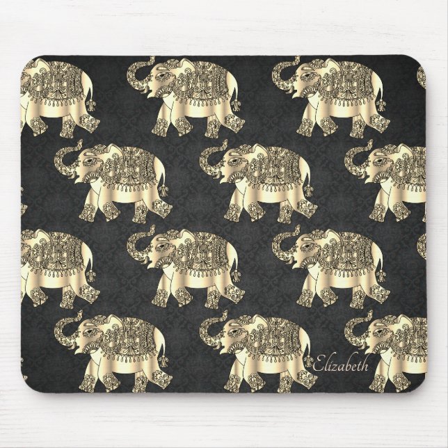 Tapis De Souris Eléphant Floral Paisley Or, Damas- Personnalisé (Devant)