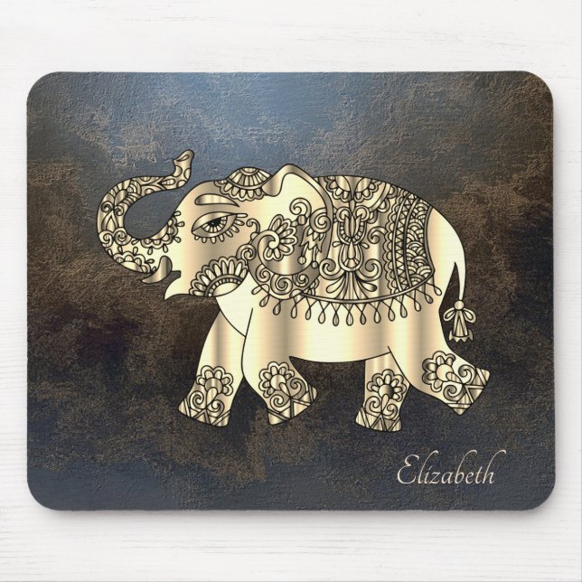 Tapis De Souris Eléphant Floral Paisley Or, Look Cuir (Devant)