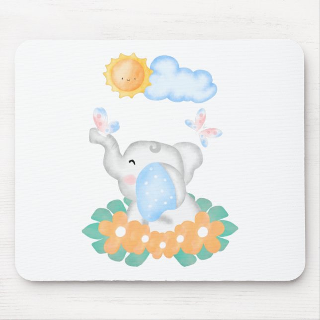 Tapis De Souris Eléphant mignon bébé avec fleurs orange Mouse Mat (Devant)
