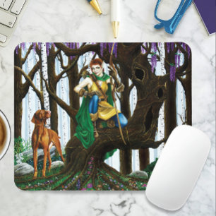 Tapis De Souris Elfe de fantasy archer Vizsla Chien Forêt Enchanté
