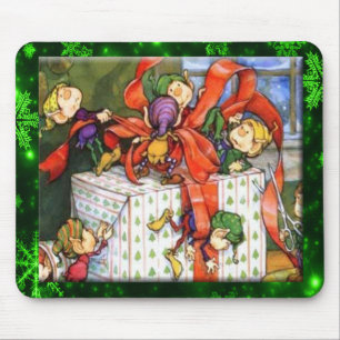 Tapis de souris Elfes joyeux emballant un cadeau