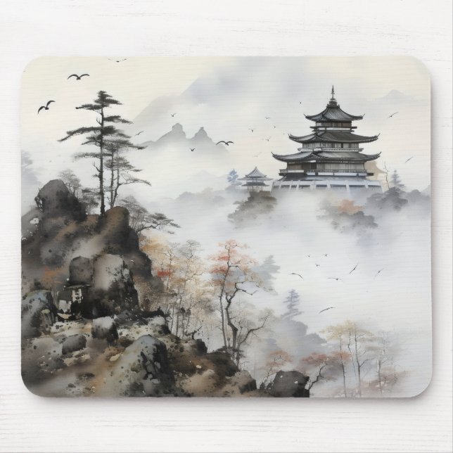 Tapis De Souris Encre couleur paysage asiatique (Devant)