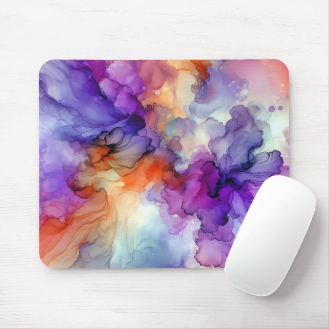 Tapis De Souris Encre d'alcool orange et violet Abstraite (Avec souris)