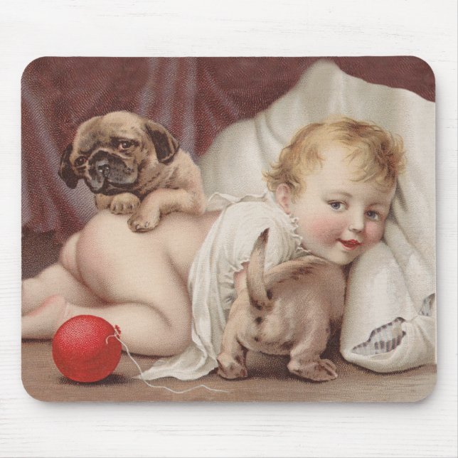 Tapis De Souris Enfant au jeu avec des carlins (Devant)