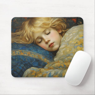 Tapis De Souris Enfant dormant rêvé dans une courtepointe fleurie