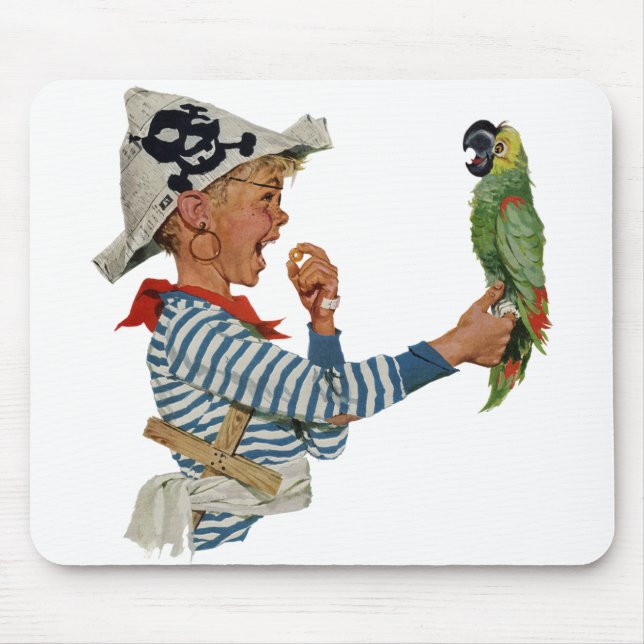 Tapis De Souris Enfant Vintage, Garçon Jouant avec un Perroquet Pi (Devant)