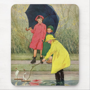 Tapis De Souris Enfants vintage jouant dans les flaques "Une journ