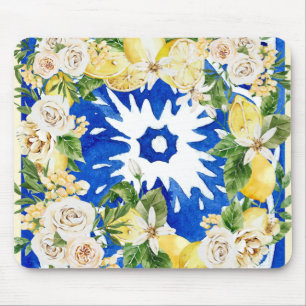Tapis De Souris Eté Carrelage de citron et de fleurs méditerranéen
