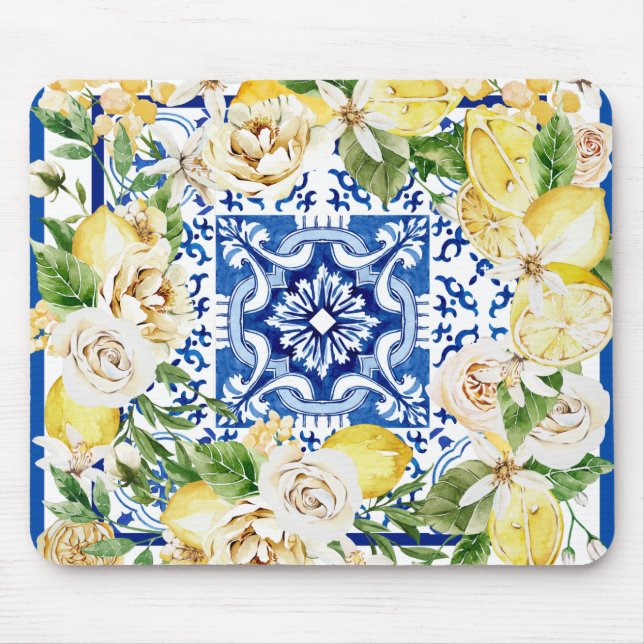 Tapis De Souris Été Méditerrannée citron et fleurs imprimés (Devant)