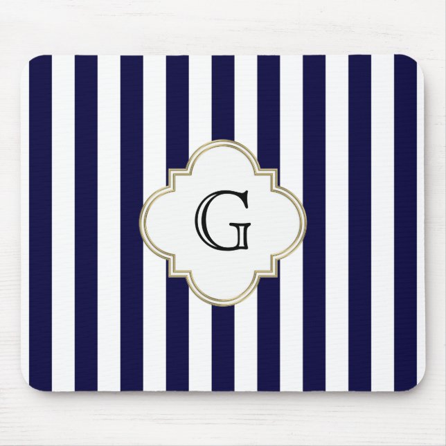 Tapis De Souris Étiquette de monogramme blanc bleu marine (Devant)