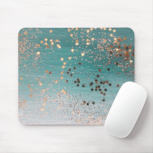 Tapis De Souris Étoiles d'or chatoyantes sur Turquoise (Avec souris)