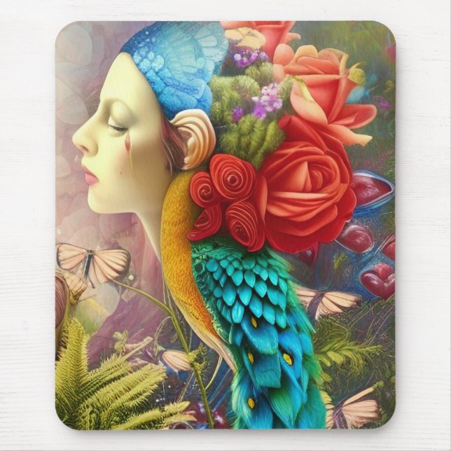 Tapis De Souris Face féminine avec plumes florales et paon (Devant)