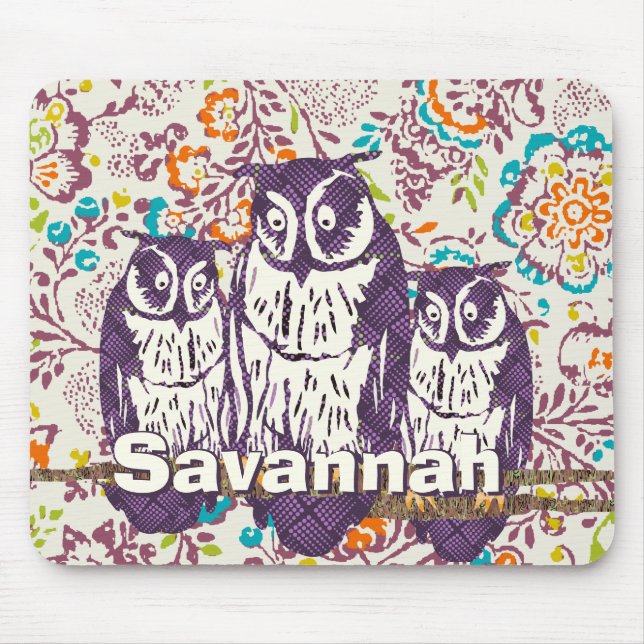 Tapis De Souris Famille de hibou géométrique stylisée violet (Devant)
