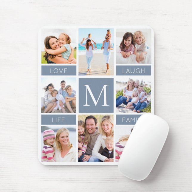 Tapis De Souris Famille Monogramme Photo Collage Dusty Blue (Avec souris)