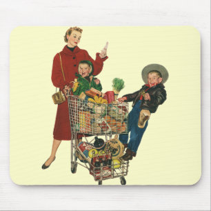 Tapis De Souris Famille Rétro, Maman et Enfants Chariot de Courses