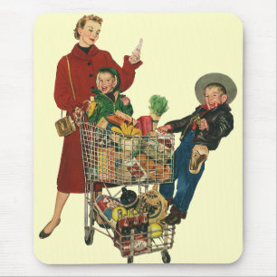 Tapis De Souris Famille Rétro, Maman et Enfants Chariot de Courses