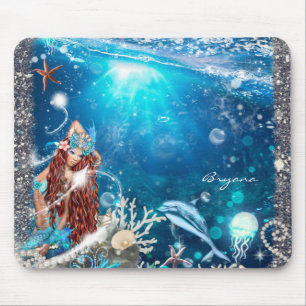 Tapis De Souris Fantaisie de sirène Tête rouge Plage enchantée