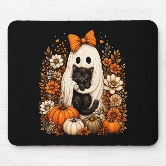 Tapis De Souris Fantôme d'Halloween tenant un chat noir Citrouille (Devant)