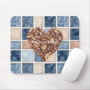 Tapis De Souris Faux Blue Denim Crème Premiers Grains de Café Cœur