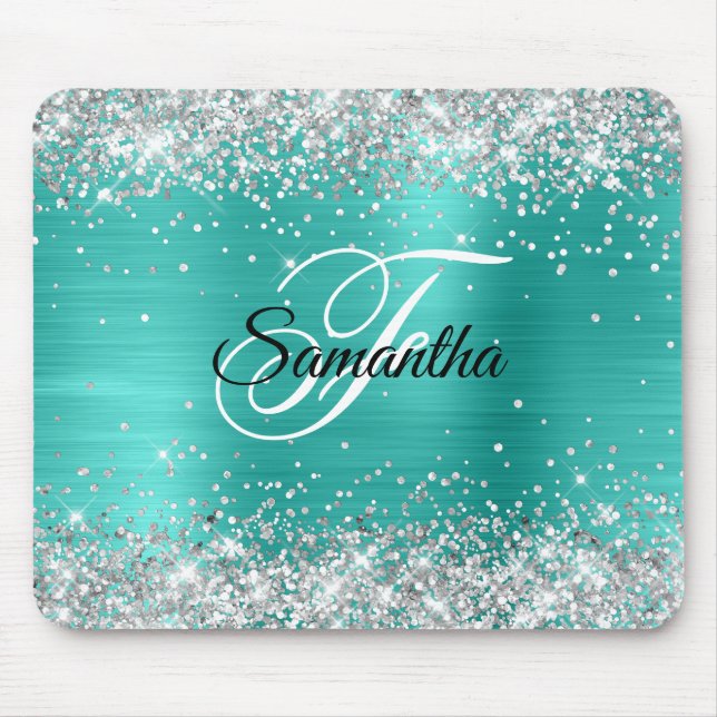 Tapis De Souris Faux Shiny Silver Parties scintillant Turquoise Fo (Devant)