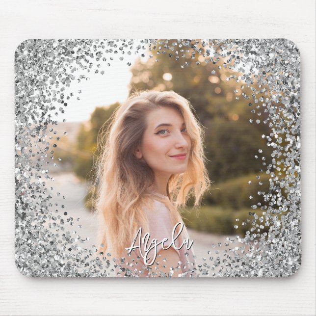 Tapis De Souris Faux Silver Glitter Round Border Photo (Devant)