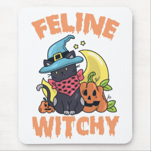 Tapis De Souris Feline Witchy Funny Éffrayant Halloween Chat Kitte